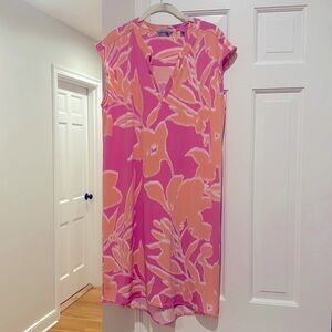 Tori Richard pink and orange floral pattern dress, size XL